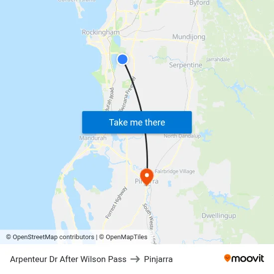 Arpenteur Dr After Wilson Pass to Pinjarra map