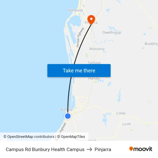 Campus Rd Bunbury Health Campus to Pinjarra map