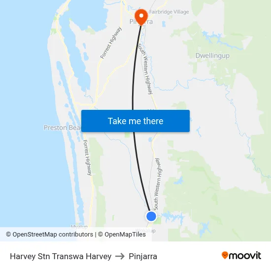 Harvey Stn Transwa Harvey to Pinjarra map
