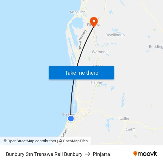 Bunbury Stn Transwa Rail Bunbury to Pinjarra map