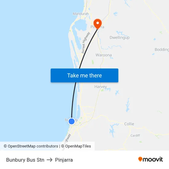 Bunbury Bus Stn to Pinjarra map