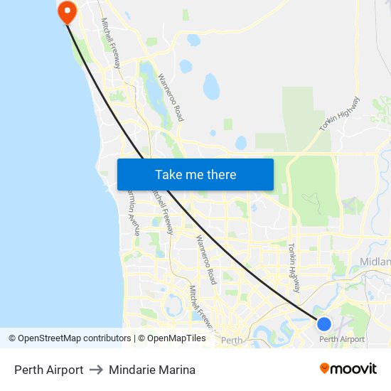 Perth Airport to Mindarie Marina map