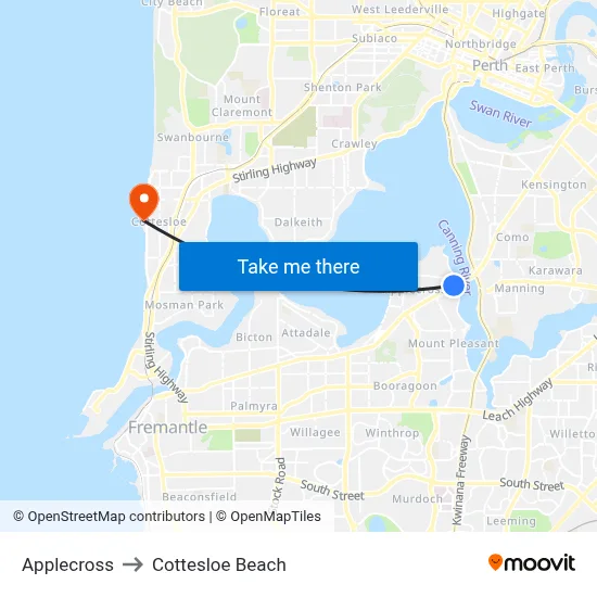 Applecross to Cottesloe Beach map