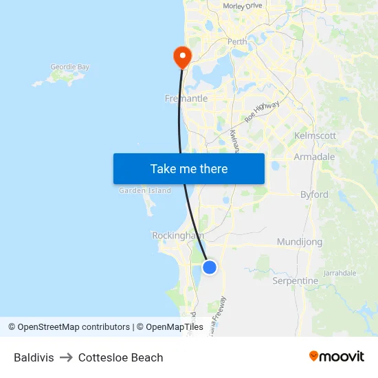 Baldivis to Cottesloe Beach map