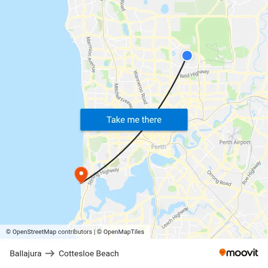 Ballajura to Cottesloe Beach map