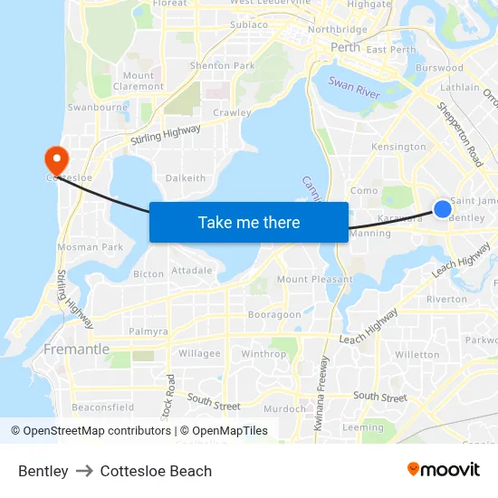 Bentley to Cottesloe Beach map