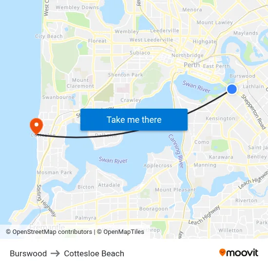 Burswood to Cottesloe Beach map
