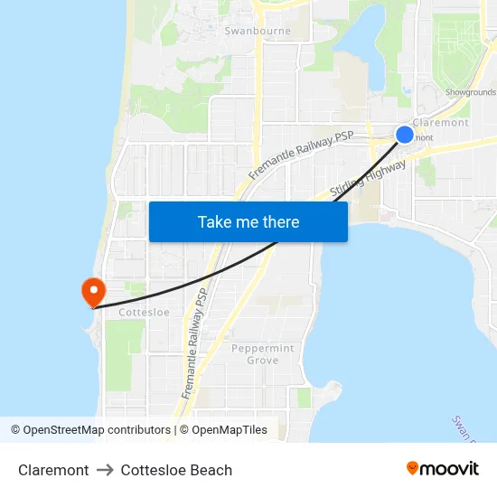 Claremont to Cottesloe Beach map
