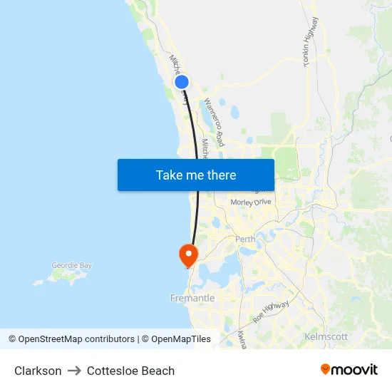 Clarkson to Cottesloe Beach map