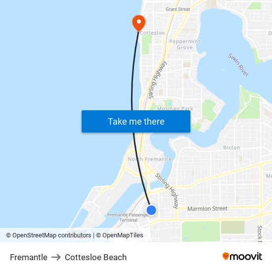 Fremantle to Cottesloe Beach map