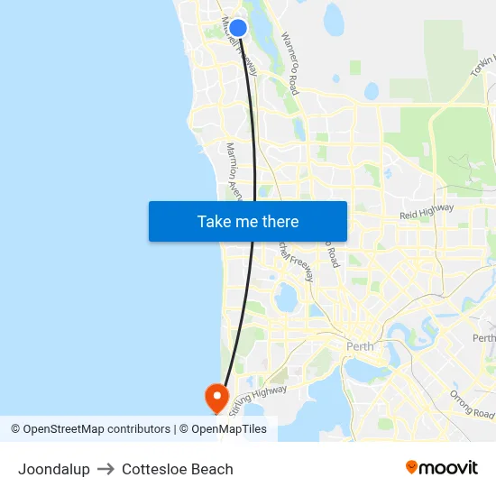 Joondalup to Cottesloe Beach map
