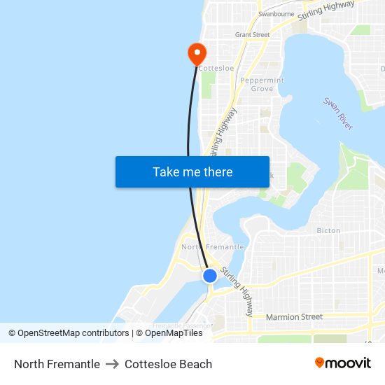 North Fremantle to Cottesloe Beach map