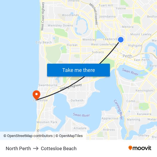 North Perth to Cottesloe Beach map