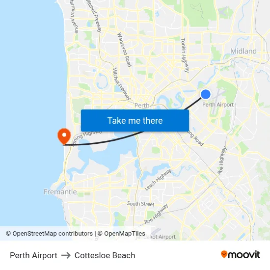 Perth Airport to Cottesloe Beach map