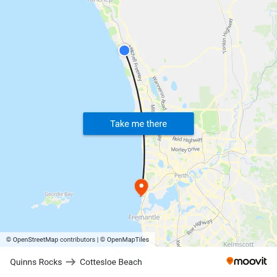Quinns Rocks to Cottesloe Beach map