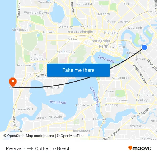 Rivervale to Cottesloe Beach map