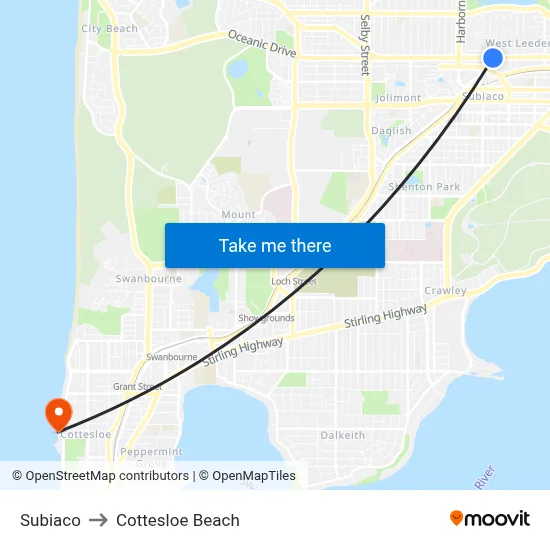 Subiaco to Cottesloe Beach map