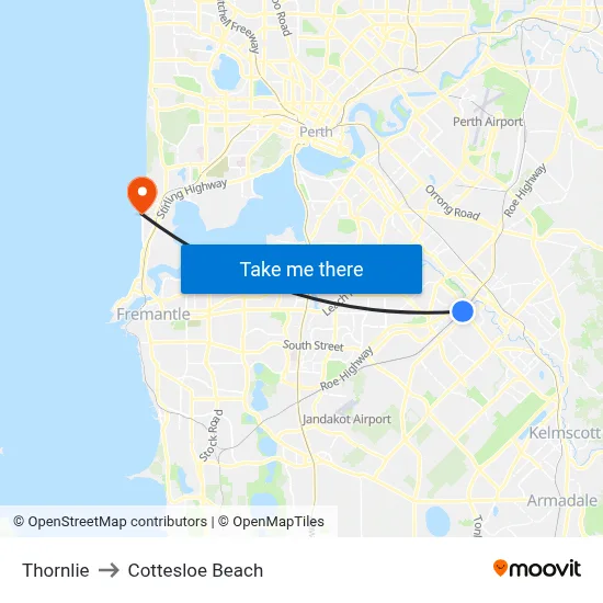 Thornlie to Cottesloe Beach map
