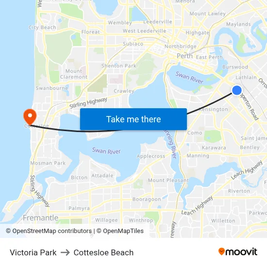 Victoria Park to Cottesloe Beach map