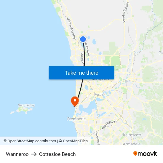 Wanneroo to Cottesloe Beach map