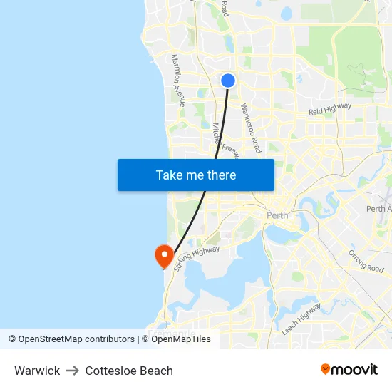 Warwick to Cottesloe Beach map