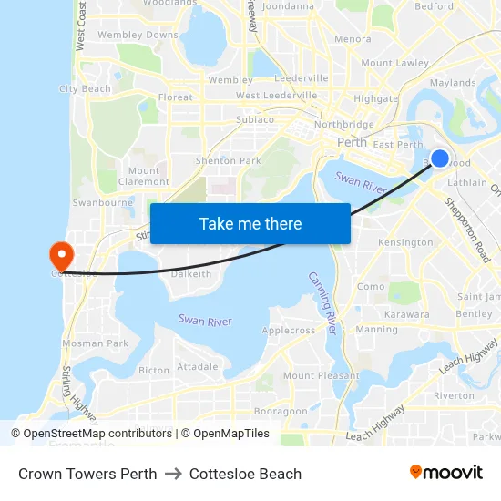 Crown Towers Perth to Cottesloe Beach map