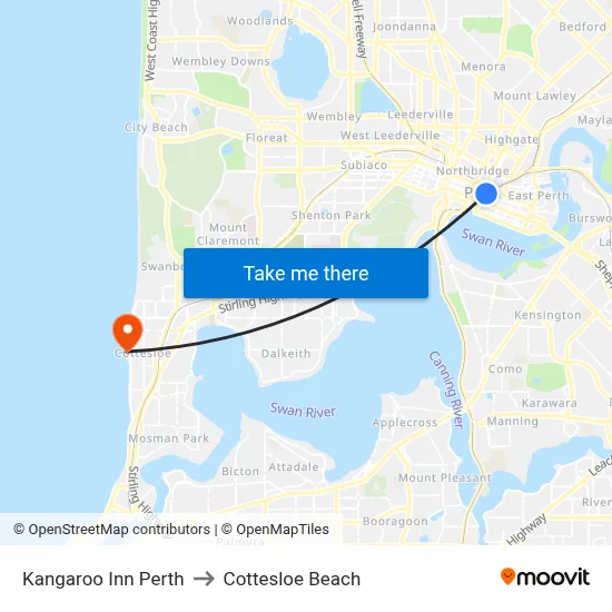 Kangaroo Inn Perth to Cottesloe Beach map