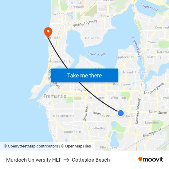 Murdoch University HLT to Cottesloe Beach map