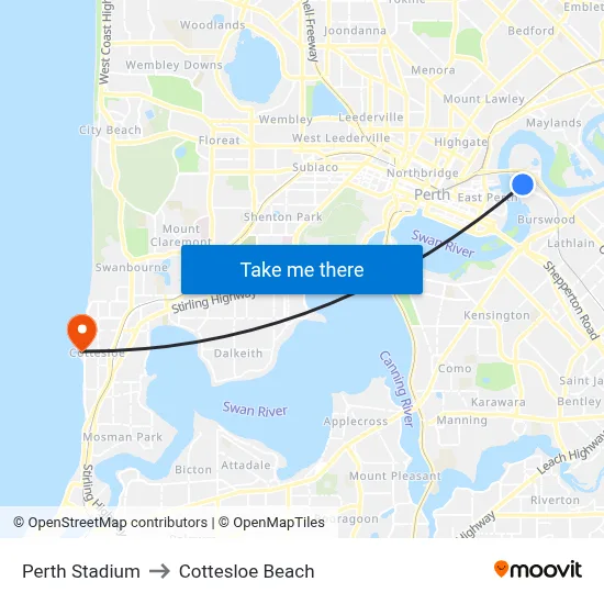 Perth Stadium to Cottesloe Beach map
