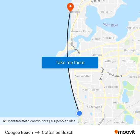 Coogee Beach to Cottesloe Beach map