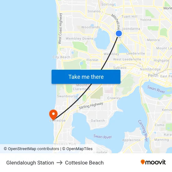 Glendalough Station to Cottesloe Beach map