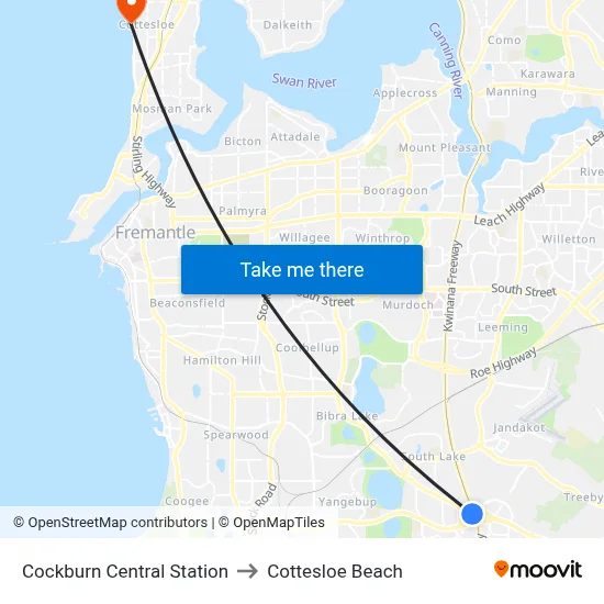 Cockburn Central Station to Cottesloe Beach map