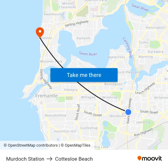 Murdoch Station to Cottesloe Beach map