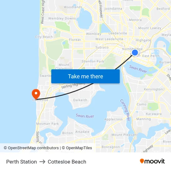 Perth Station to Cottesloe Beach map