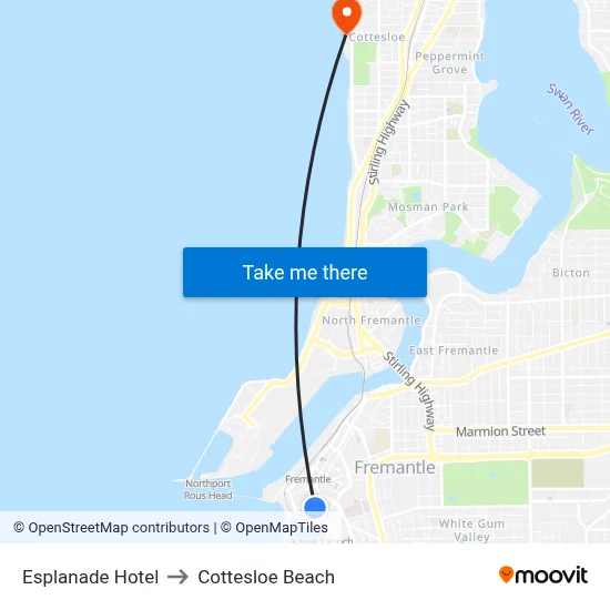 Esplanade Hotel to Cottesloe Beach map