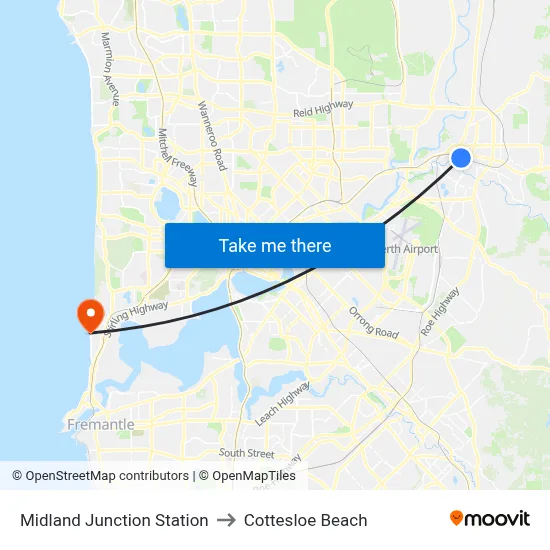 Midland Junction Station to Cottesloe Beach map