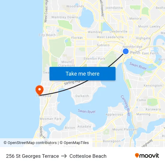 256 St Georges Terrace to Cottesloe Beach map