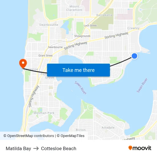 Matilda Bay to Cottesloe Beach map