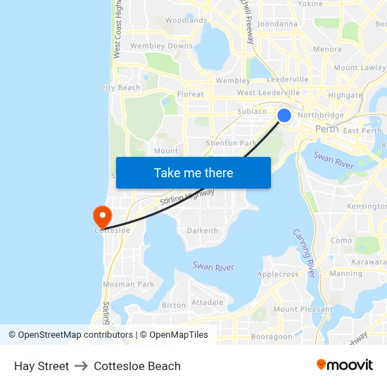 Hay Street to Cottesloe Beach map