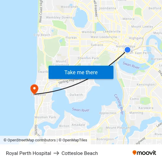Royal Perth Hospital to Cottesloe Beach map