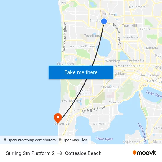Stirling Stn Platform 2 to Cottesloe Beach map