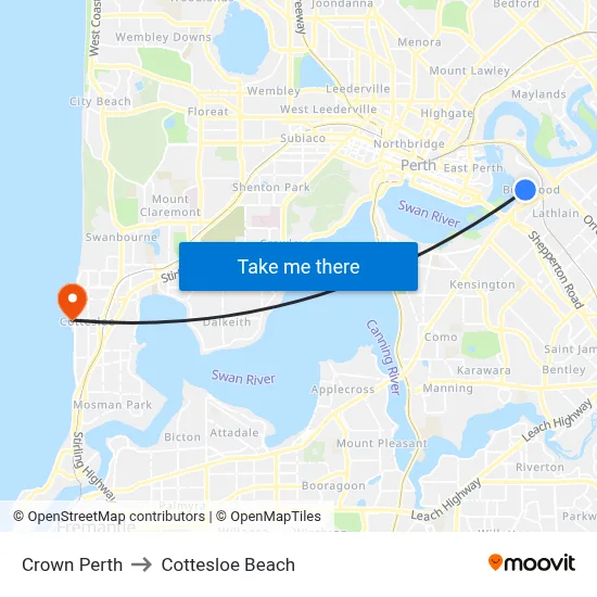 Crown Perth to Cottesloe Beach map