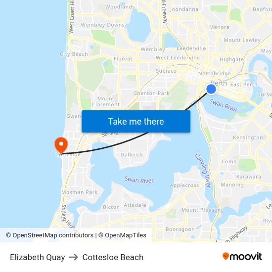 Elizabeth Quay to Cottesloe Beach map