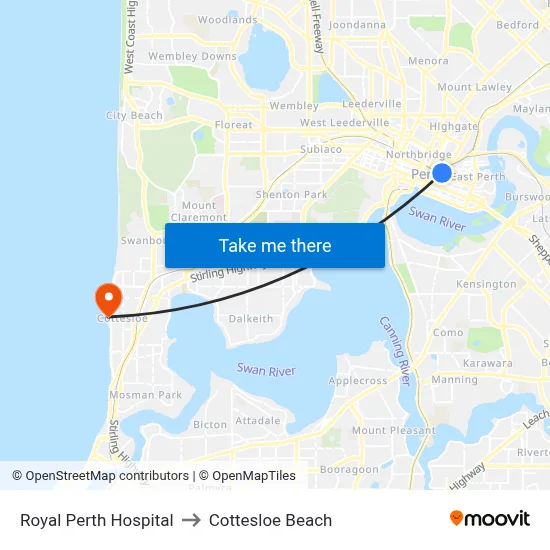 Royal Perth Hospital to Cottesloe Beach map