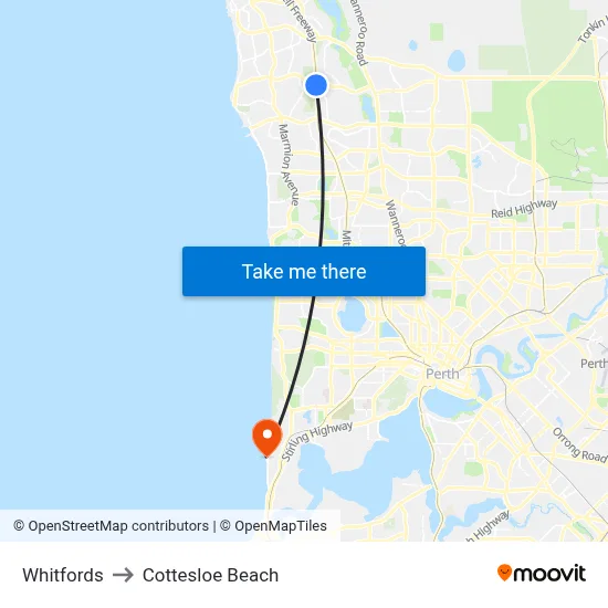Whitfords to Cottesloe Beach map