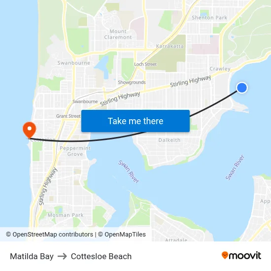Matilda Bay to Cottesloe Beach map