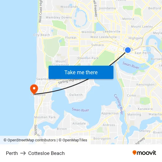 Perth to Cottesloe Beach map