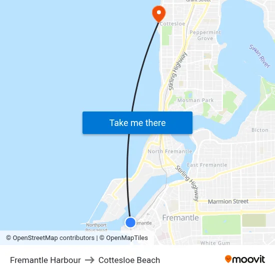 Fremantle Harbour to Cottesloe Beach map