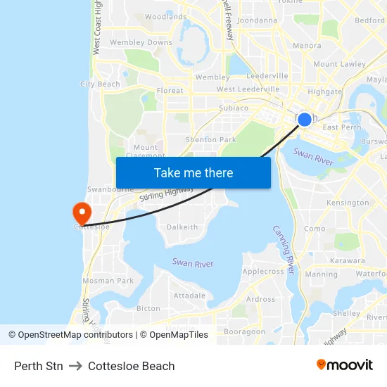 Perth Stn to Cottesloe Beach map