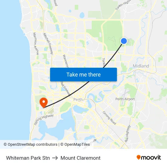 Whiteman Park Stn to Mount Claremont map
